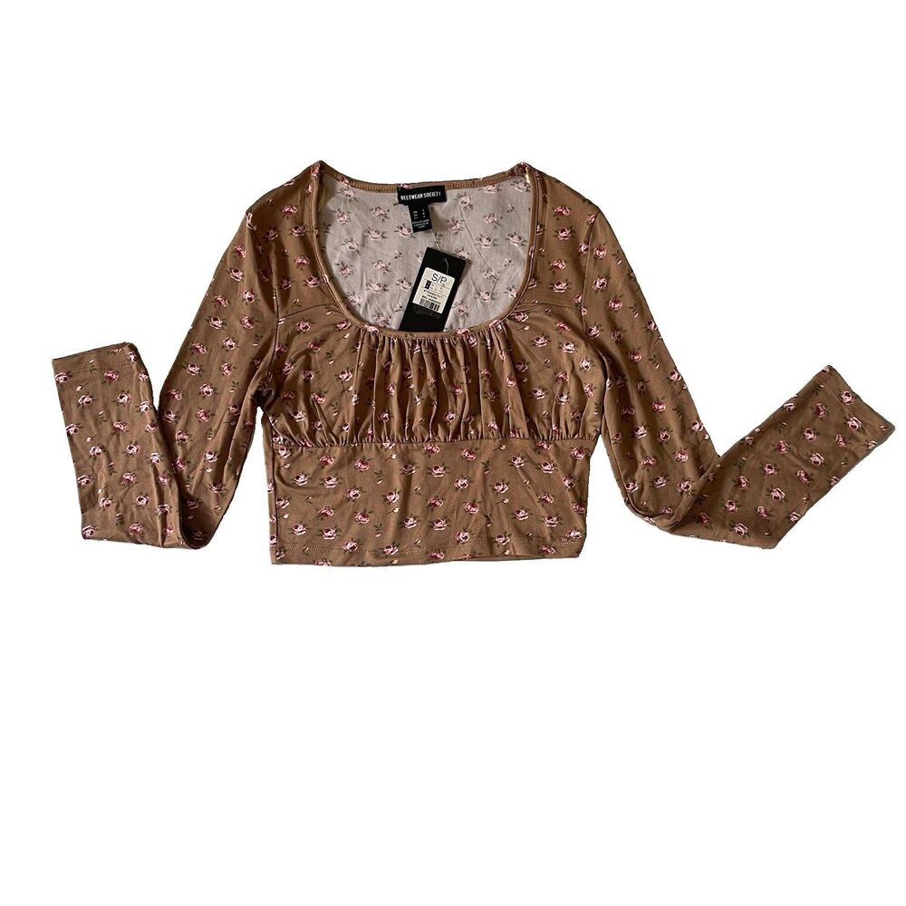 Floral Ruched Crop Top Brown Long Sleeve Streetwear Society Y2K Cottagecore